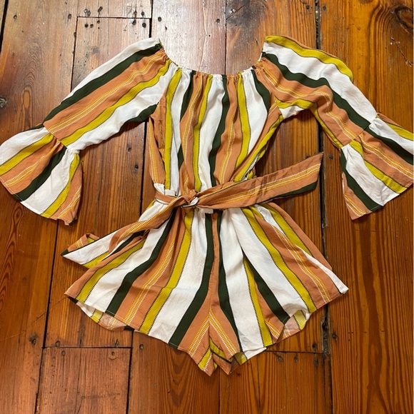 & Merci Striped Off-Shoulder Romper Jumper Size S Muted Orange Gold Playsuit Fun - Picture 9 of 12